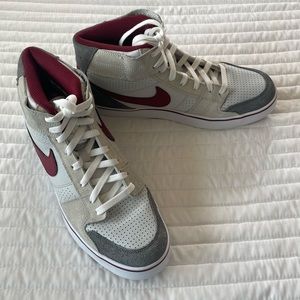 Nike Hightops maroon and 2 shades of grey.